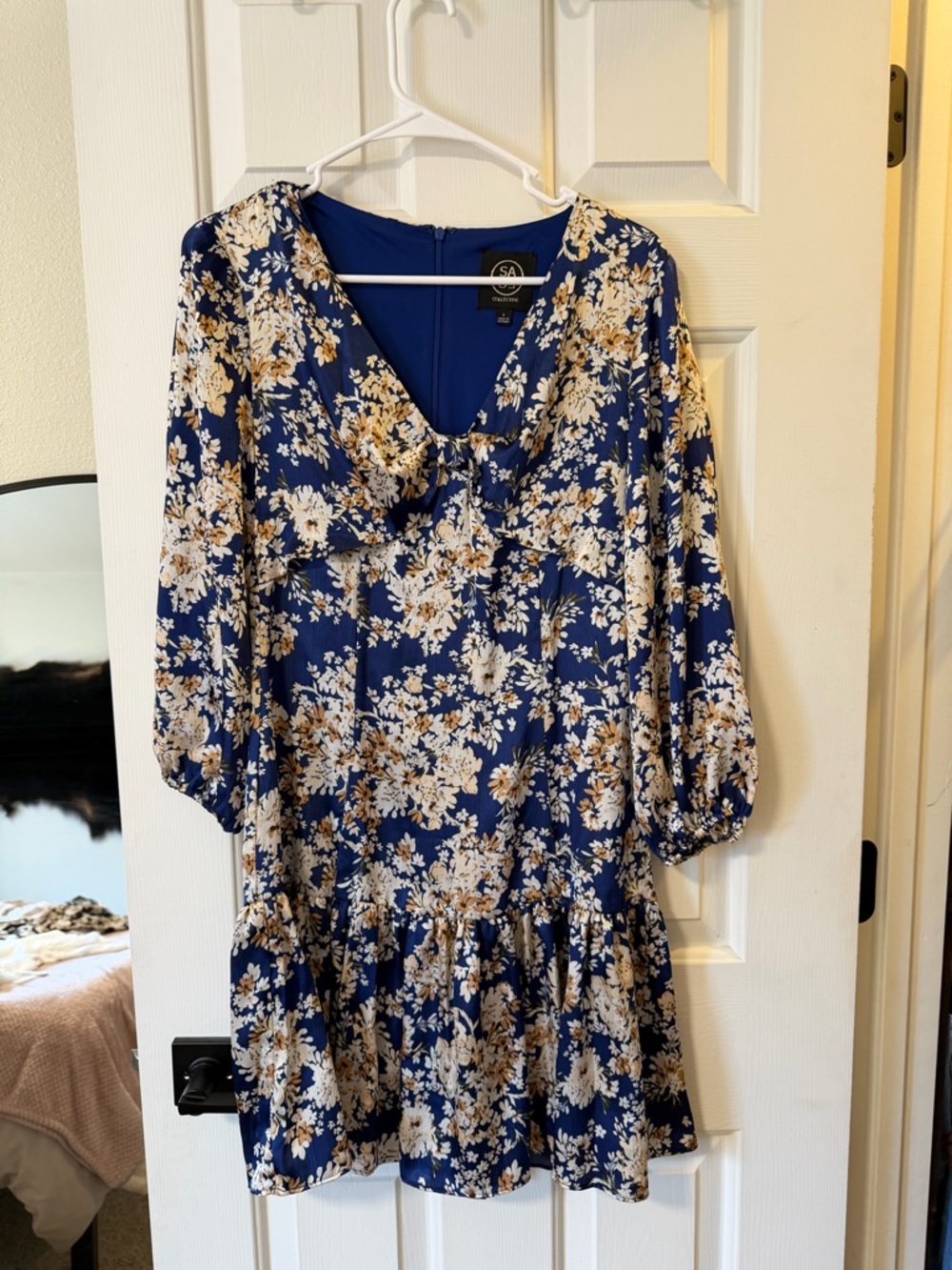 SA Navy Blue Floral V-Neck Ruffle Hem Mini Dress